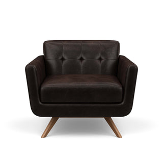 The dark brown leather Cooper Chair is a hip, modern arm chair with a vintage mid-century look.
