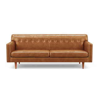 The "Mad Men" inspired Sterling Sofa in light brown leather screams mid-century design