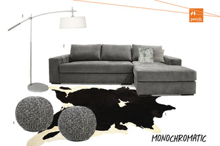 A monochromatic inspiration board featuring a sofa sectional, a cow hid rug, a floor lamp and two round sweater chairs