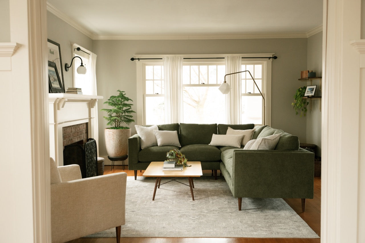 BrightHive Design and Organzing chose a custom Hoyt Sectional from Perch Furniture for this small living room in a classic Portland bungalow. 
