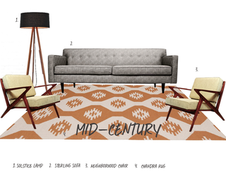 A mid-century mood board featuring a grey couch, a floor lamp, a rug & two chairs all in the mid-century furniture style