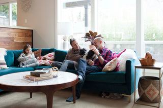 A family friendly teal velvet sofa customized at Perch Furniture.