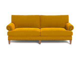 Traditional style roll arm Carlisle sofa with tapered wood legs and nail head trim