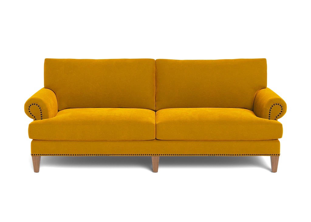 Traditional style roll arm Carlisle sofa with tapered wood legs and nail head trim
