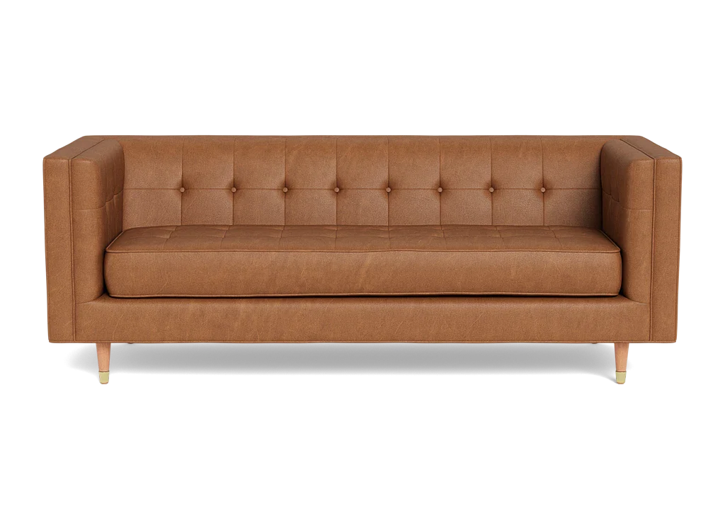 Shelter arm tight back Gramercy sofa with button tufted back and button tufted seat, cone legs and upholstered in millennial pink fabric.