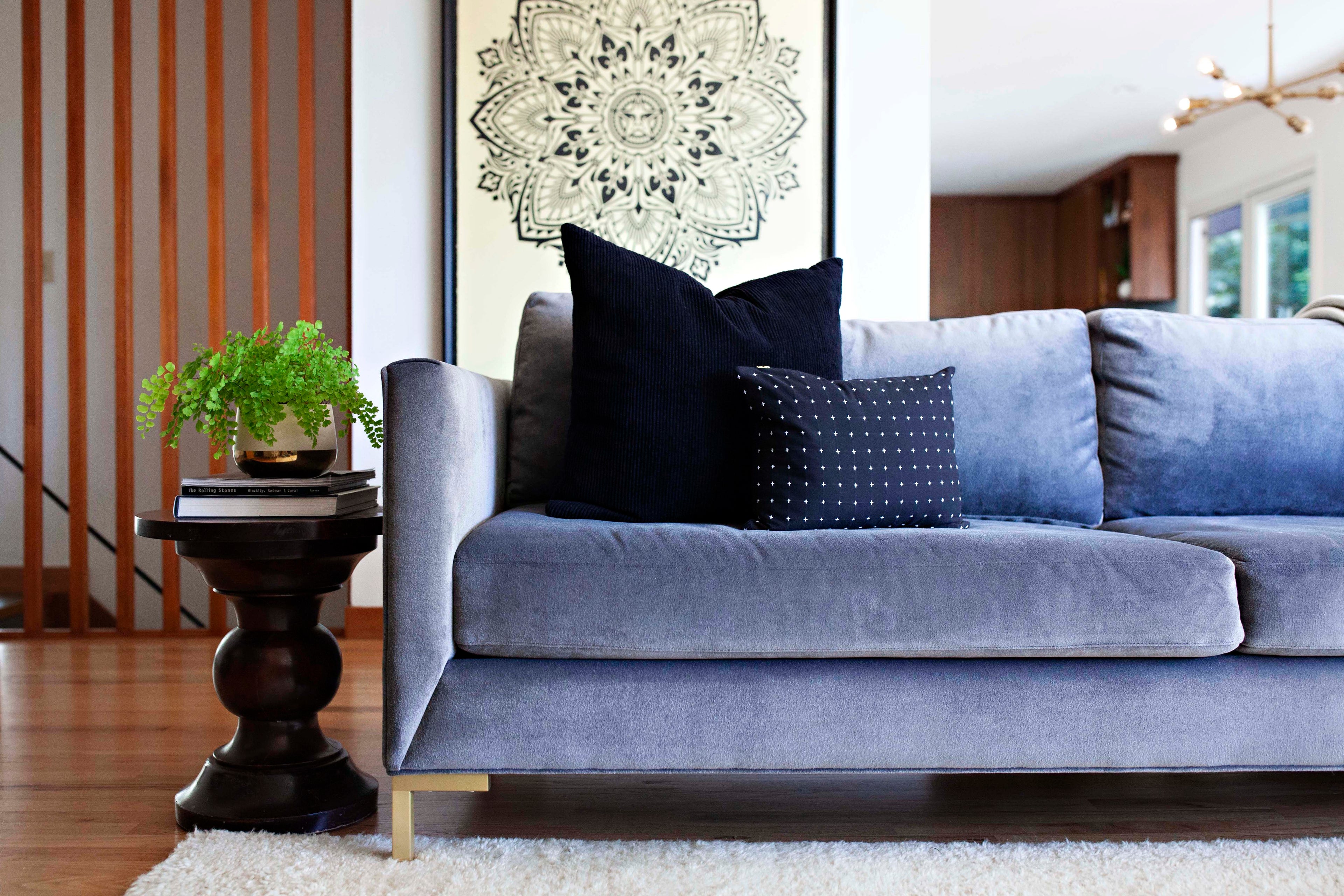 Blue-grey velvet Charlie sofa with brushed brass legs from Portland's custom furniture store Perch Furniture.
