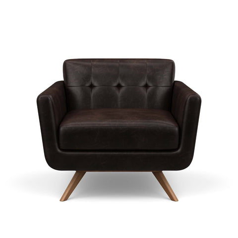 The dark brown leather Cooper Chair is a hip, modern arm chair with a vintage mid-century look.