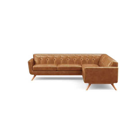 The Cooper Sofa Sectional in light brown leather is a hip, modern sofa with a vintage mid-century look.